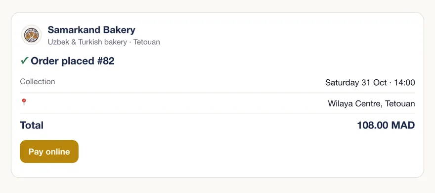Order card in the chat: order placed, collection Saturday 31 Oct at 14:00, total 108 MAD, Pay online button