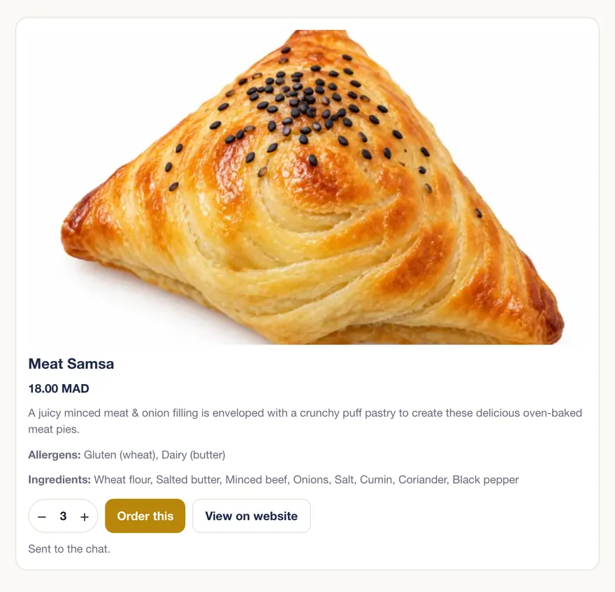 Product card in the chat: Meat Samsa, 18 MAD, with photo, allergens and an Order this button